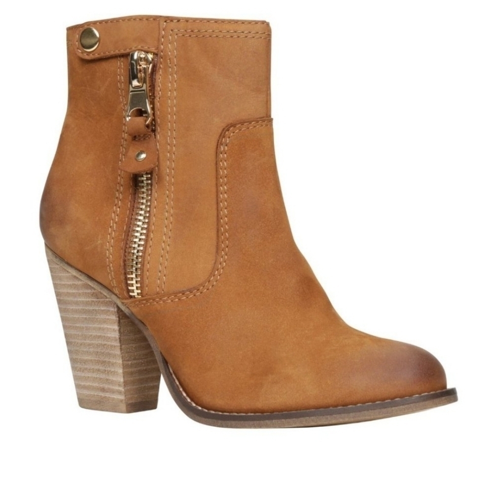 Aldo Olenalla Camel Banana Tan Suede Leather Zip Chunky Western Boho Ankle Boots
